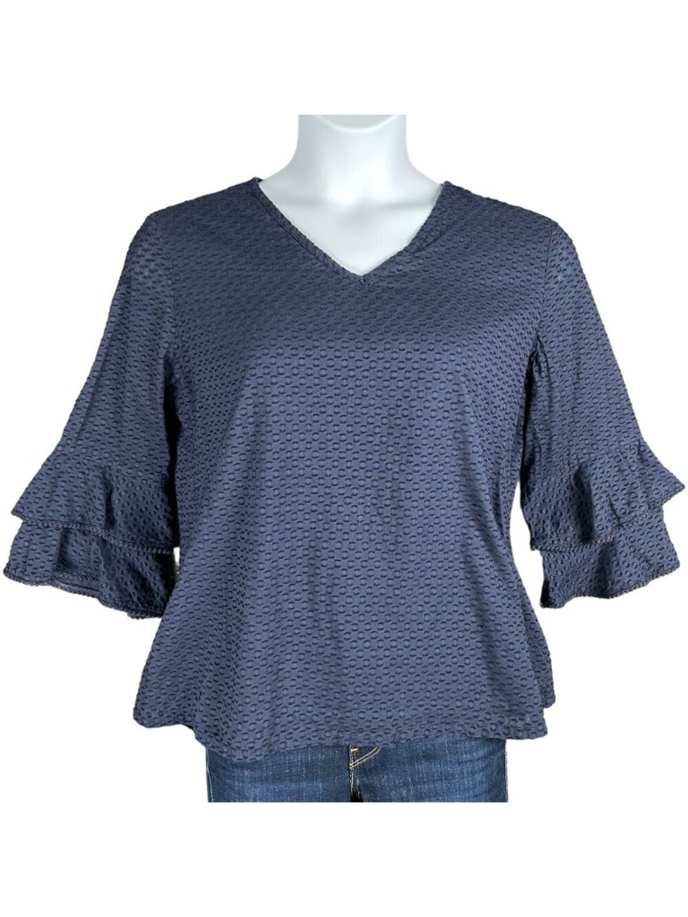 Liza Byrd Top Womens Size M Blue Double Bell Sleeve Preppy Nautical Office Work